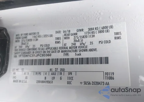 2018 Ford F-150 Xl from USA, damaged, VIN 1FTEW1C51JFC93360